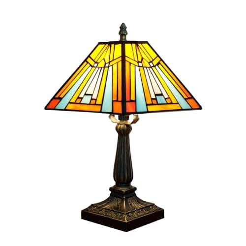 Image of NUODITOS Tiffany Table Lamp Amber Brown Stained Glass Lamp Mission Style Antique Desk Beside Reading Lamp for Office Home Living Room Bedroom