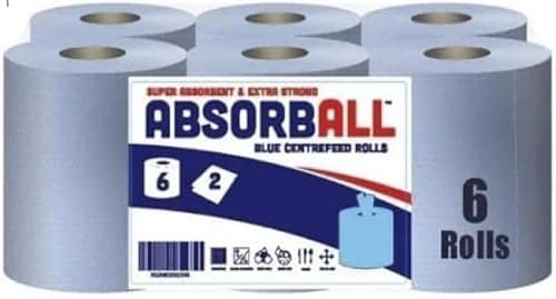 Image of AbsorbAll Blue Centrefeed Paper Rolls – 2-Ply Quilted & Embossed, Super Absorbent & Extra Strong, 6 Roll Pack for Kitchen, Garage, Catering & Commercial Cleaning (6 Pack)
