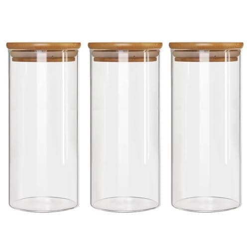 Image of NBBENG 44oz Pasta Glass Storage Jars with Lids, Clear Glass Jars with Bamboo Lids, Kitchen Storage Container Jar, Airtight Kitchen Food Canisters for, Sugar, Oats, Cereal, Biscuit Jar Set of 3