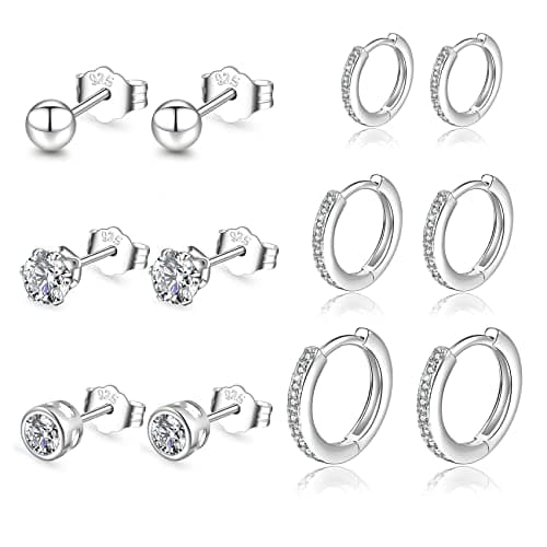 Image of Silver Hoops Earrings for Women 925 Sterling Silver Hoop Earrings with Silver Stud Earring Set with Cubic Zirconia Unisex Sleeper Huggie Small Hoop Earring for Men Women(4mm*3+1 * 8/10/12mm) PABBEU