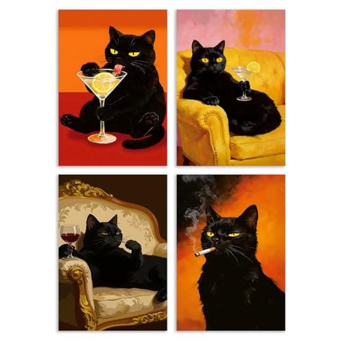Image of 4Pcs Drinking Cat Poster, Vintage Black Cat Wall Art, Funny Cats Wall Pictures, Coolcat Canvas Arts Prints, Unframed Moody Walls Art for Living Room, Bathroom, Bedroom & Bar