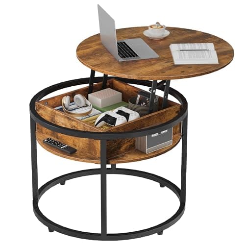 Image of WLIVE Round Lift Up Coffee Table, Coffee Tables for Living Room with Storage & Hidden Compartment, Lift Up Table for Home Office, Round Centre Tables for Living Room, Rustic Brown
