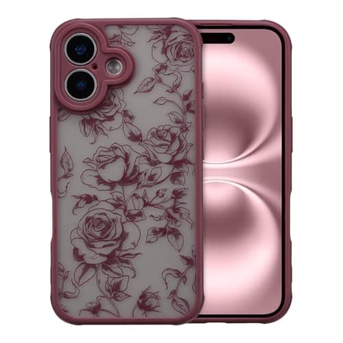 Image of XIZYO Case for iPhone 17, Cute Frosted Translucent Rose Floral Flower Pattern Shockproof Cover, for Girls Women Luxury Aesthetic Soft TPU Protective Phone Case, Branch Rose/Wine Red