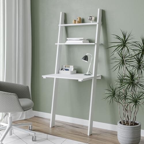 Image of URBNLIVING White Or Grey Ladder Desk 2 Shelf Wooden Bedroom Computer Table Work Office Unit (White)