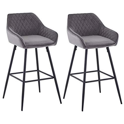 Image of AINPECCA Bar stools Set of 2 Grey Velvet Fabric Upholstered Seat with Backrest & Armrest Black Metal Legs Counter Breakfast Chairs Kitchen
