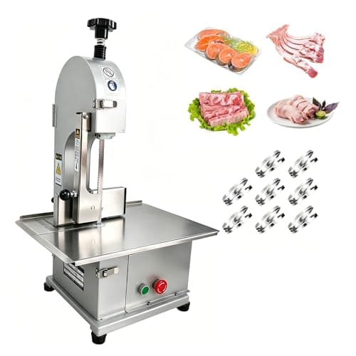 Image of JIMINHUIXIN Commercial Meat Bandsaw 1100W – Electric Bone Saw with 44x31cm Stainless Steel Table, 0-13cm Adjustable Thickness, 8 Saw Blades, Frozen Meat Cutter for Butchering Fish Lamb Venison