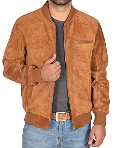 Image of A1 FASHION GOODS Mens Real Suede Bomber Jacket Fitted Classic Colours Black Brown Navy Tan - Wade (Tan, L)