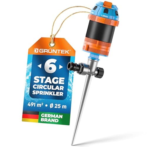 Image of GRÜNTEK Circular Sprinkler on metal spike. Sector sprinkler lawn sprinkler with 6 spray modes and coverage settings of 30 °- 360 ° for large surfaces and optimal garden irrigation. Covers up to 491 m²