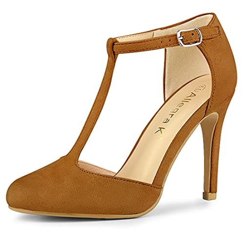Image of Allegra K Women Rounded Toe Stiletto Heel T-Strap Dress Pumps Brown 6 UK/Label Size 8 US