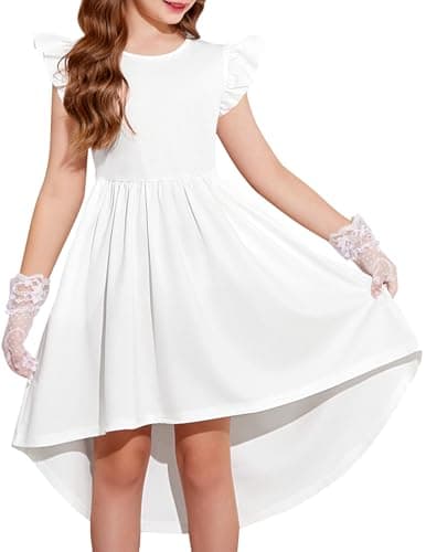 Image of Arshiner Girls Dress Flying Sleeve Kids Dresses Summer Ruffle Sleeve High Low Dress Round Neck Elegant Party Dresses for Girls 7-8 Years White