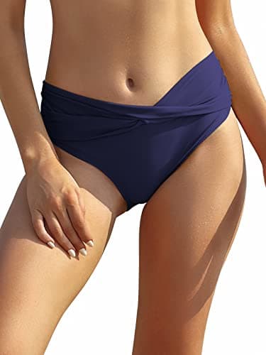 Image of SHEKINI Women's Bikini Bottom Twist Front Swimsuit Brief Ruched Medium Waisted Bathing Suit Bottoms Blue