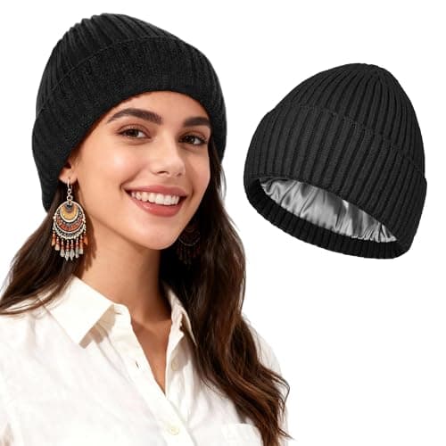 Image of TSKNOMO Satin Lined Beanie Hats for Women & Men – Soft Slouchy Winter Knit Beanie, Warm Wool Knit Cuffed Skull Cap Unisex Black