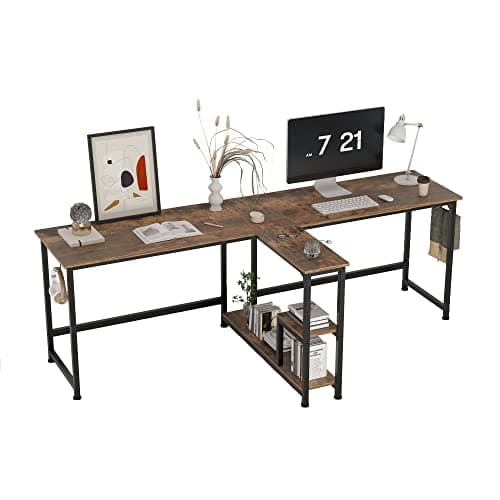 Image of CAIYUN 83.7" Two Person Desk, Computer Desk with Storage Shelves, Office Desk with Monitor Stand, Long desks for Home Office, Rustic Brown