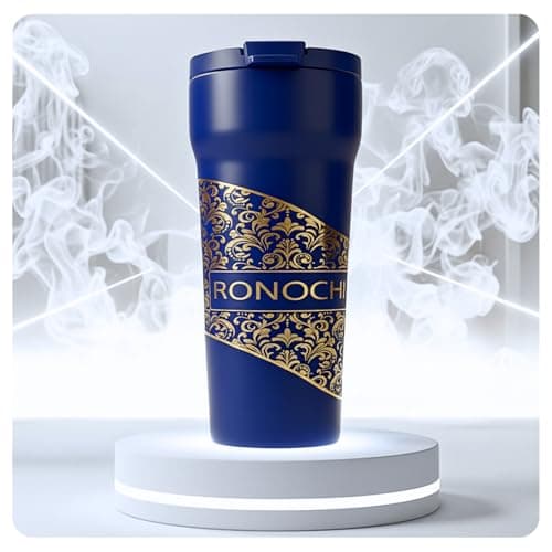 Image of RONOCHI Premium Stainless Steel Travel Mug, Sophisticated Ornate Gold Colour Pattern that Makes a Bold and Modern Style Statement. (Blue, 18.0, Fluid Ounces).