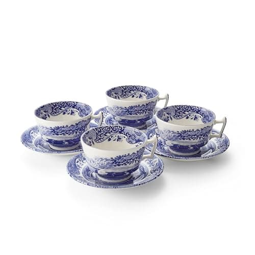 Image of Spode x Blue Italian Set of 4 Teacups and Saucers - Elegant Tea Cups and Saucers Featuring The Iconic Blue and White Design and 18th Century Imari Oriental Border, Made in England
