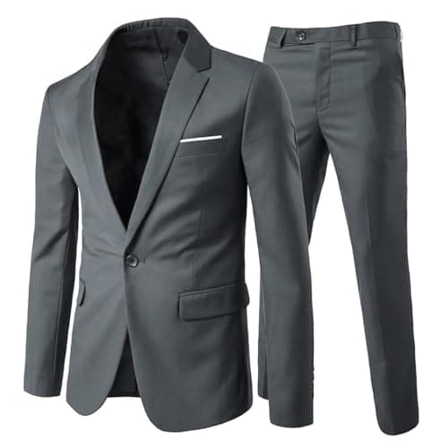 Image of Allthemen Mens Suits 2 Piece Slim Fit Wedding Dress Suit One Button Business Suit Blazer Jackets Trousers Dark Grey 2XL
