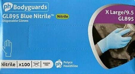 Image of Polyco GL8905 Bodyguards Disposable Gloves, Nitrile, Powder Free, X-Large, Blue, 100 Pieces