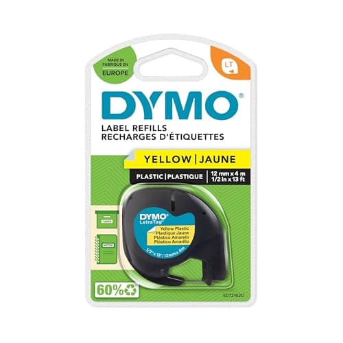 Image of DYMO Branded LetraTag Plastic Labels | 12 mm x 4 m Roll | Black Print on Yellow | Multipurpose, Self-Adhesive Labels for LetraTag Label Makers
