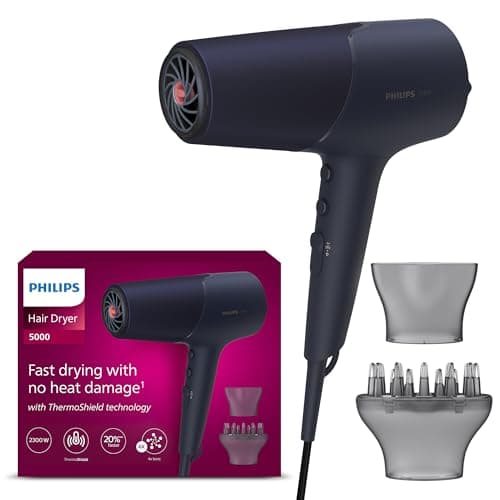Image of Philips Hair Dryer 5000 Series, ThermoShield Technology, Ionic, with Nozzle and Hair Diffuser, 2300W, Model BHD510/03