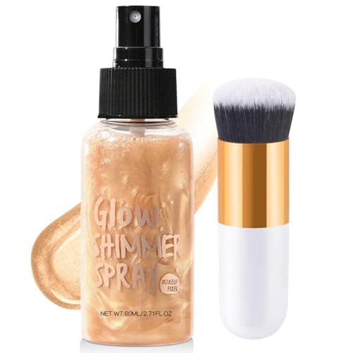 Image of Shimmer Body Oil, Liquid Highlighter Makeup, Non-Sticky Face & Body Shimmer Liquid Spray, Glitter Glow Lotion, Lightweight Moisturizing Skin Highlighter, Makeup Brush Include (Rose Gold)