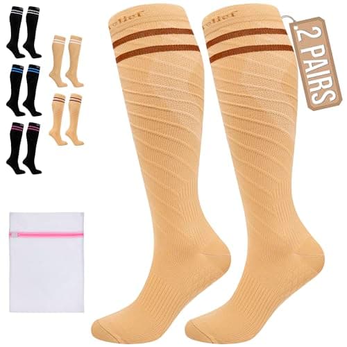 Image of 360 RELIEF 2 Pairs Compression Socks for Women Men, 15-20 mmHg Supports Circulation, Travel Flight Socks, Pregnancy Stockings L/XL, Beige with 2 Dark brown lines + Laundry Bag