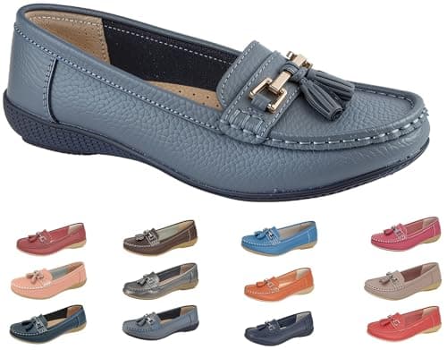 Image of Ladies Leather Nautical Loafer Flexible Flat Grip Sole Casual Comfy Lightweight Low Wedge Heel Shoes (Grey, UK Footwear Size System, Adult, Women, Numeric, Medium, 6)