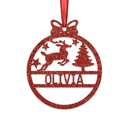 Image of KreateSquare Personalised Christmas Bauble, 950 GSM (1.7 mm) Double-Sided Glitter Xmas Tree Decoration, Custom Name Baubles, Red Christmas Decorations Ornaments (Red, Reindeer)