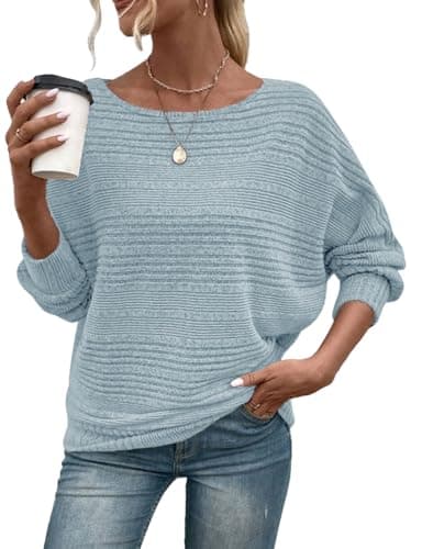 Image of Gemulate Sweaters for Women UK Crew Neck Off The Shoulder Jumper Lightweight Ladies Batwing Tops Long Sleeve Winter Sweater Shirts for Leggings Light Blue XXL