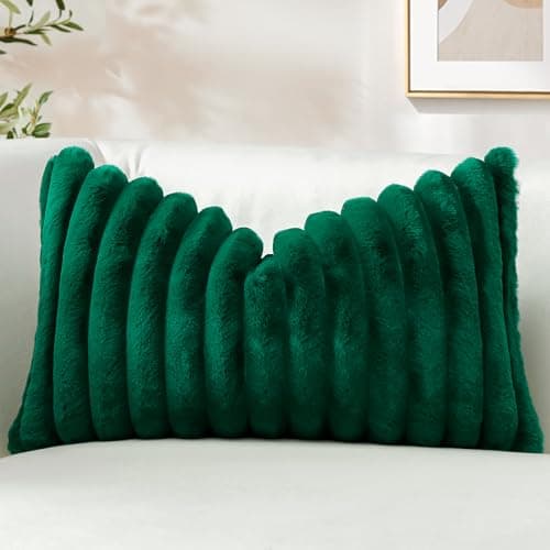 Image of Sungeek Set of 1 Dark Green Faux Rabbit Fur Cushion Cover 30x50 cm, Soft Cozy Plush Striped Decorative Throw Pillow Covers 12x20 Inch Velvet Lumbar Pillowcases for Sofa Bedroom