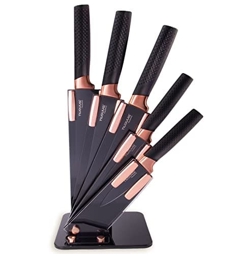 Image of Kitchen Knife Block Set Copper 5 Piece Set with Knives Clear Acrylic Block Stainless Steel Blades - by Nuovva