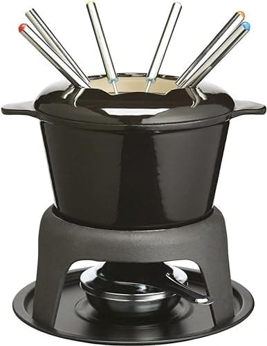 Image of MasterClass Cast Iron Fondue Set, 21 x 18 cm – Black Fondue Pot for Cheese, Chocolate & Meat – Enamel Coated with Burner & 6 Forks