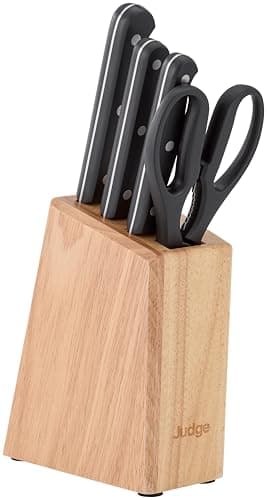 Image of Judge Classic 4 Piece Knife Block Set – Stainless Steel Kitchen Knives with Stylish Wooden Block – Includes Paring, Utility, Cook’s Knife & Scissors, Dishwasher Safe