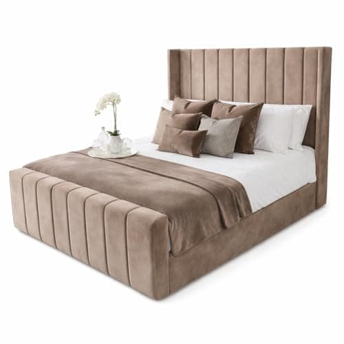 Image of JASSAT Bed with Slats, Upholstered Plush Velvet Bed Frame with Headboard & Footboard, Sturdy Wooden Slatted Base, Double, King & Super King (Mink Plush, 5FT KING SIZE)