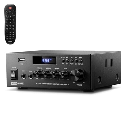 Image of Moukey Power Audio Amplifier, 2.0 Channel Stereo Receivers with Bluetooth 5.3, Full Function Remote, FM, RCA, USB, 2 Mic In, 300W Peak Power, for Karaoke, Garage, Home Theater, MAMP3