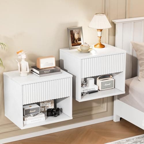 Image of Bonnlo White Floating Bedside Table Set of 2, Wall Mounted Nightstand with 1 Drawer, Grille Floating Side Table with Open Shelf, 40×30×33cm for Bedroom