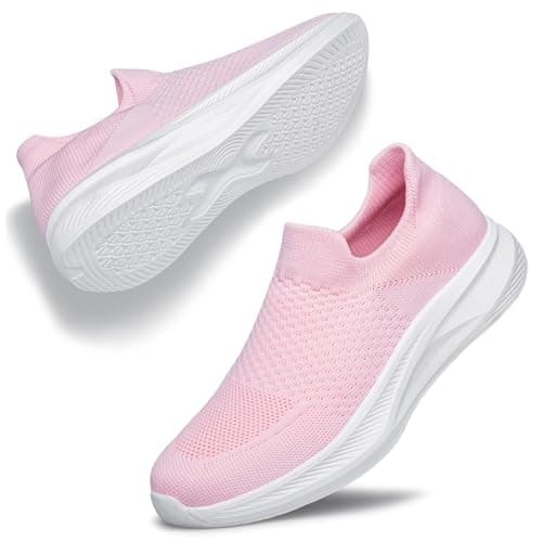 Image of Raoendis Womens Slip on Running Shoes Ladies Trainers Mesh Sneakers, Comfortable Breathable Lightweight Knit Sports Walking Sneakers for Work Shopping Pink Size 9
