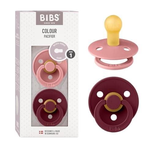 Image of BIBS Colour Soother 2-Pack, BPA Free Dummy Pacifier, Round Nipple. Natural Rubber Latex, Made in Denmark, Size 1 (0-6 Months), Dusty Pink/Elderberry