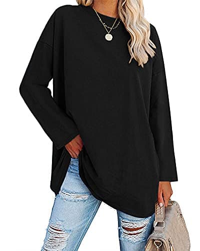 Image of Ebifin Oversized T Shirts Women Long Tops Long Sleeve T Shirt Crewneck Tunic Tops Bluse Sweatshirts.Black.XXL