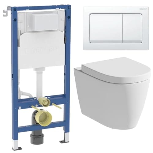 Image of Affine® Bordeaux Rimless Wall Hung Toilet Pan WC Dual Flush Soft Close Seat with Geberit Duofix 1120mm Concealed WC Cistern Frame and White Alpha01 Flush Plate