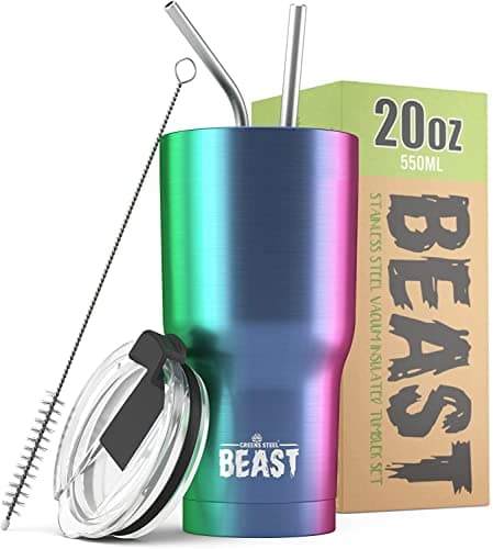 Image of Beast Tumbler - 550 ml (20 oz), Rainbow | Reusable Stainless Steel, Vacuum Insulated Cup | with + 2 Straws & Cleaning Brush | Double Wall Travel Flask Perfect for Hot or Iced Coffee | BPA Free