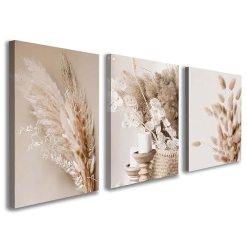 Image of Galmcook Set of 3 Framed Canvas Wall Art 12x16 Inch Beige Botanical Minimalist Artwork Prints for Walls Wall Canvas Pictures for Living Room Bedroom Hallway Wall Decoration with Hooks and Magic Tape