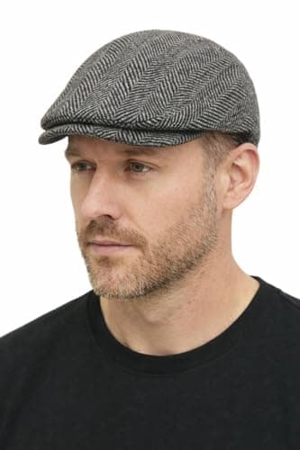 Image of London Design Men's Herringbone Tweed Wool Blend Flat Cap, Silver Grey, One Size Fits 56-58cm,Fully Lined