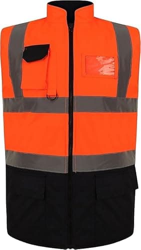 Image of Hi Vis Padded Gilet Waistcoat Fleece Body Warmer Zip Fastening Vest Work Wear Reflective Security Waistcoat Jacket with ID Badge and Mobile Pocket (Orange Navy, Medium)