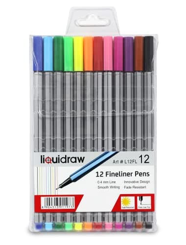 Image of Liquidraw Multicolour Fineliner Pens - Set of 12 Assorted Colours | Fine Point 0.4 mm Tip | Storage Wallet | Coloured Pens For Artists, Handwriting, Drawing, Sketching | Fade Resistant Ink
