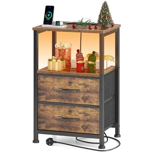 Image of Yornoli Bedside Table with Charging Station 40cm Wide Bed Side Table for Bedroom with 2 Fabric Drawers Small End Tables with Led Lights for Living Room Small Spaces Rustic Brown, ET08-RBA