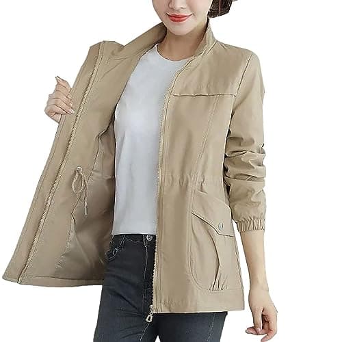 Image of Generisch Women's Long Sleeve Fashion Plain Zip Waist Slimming Mid-Length Wind Jacket Casual Jacket Outerwear Virgin Wool Women, khaki, M