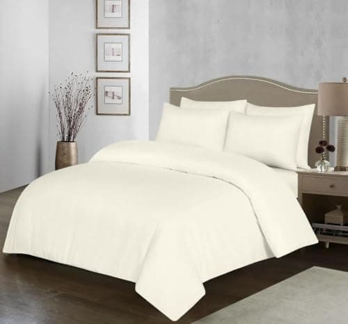 Image of 100% Egyptian Cotton Duvet Cover Set |200 Thread Count Plain Dyed Duvet Quilt Cover Set With Free Pillowcases| Non-Iron Easycare Bedding Set - Single Double King Super King Sizes (Cream, Double)
