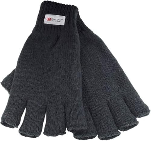 Image of GM Apparel Mens Ladies Thinsulate 3M Thermal Insulated Fingerless Gloves Knitted Winter Wooly Mittens Black (L-XL)