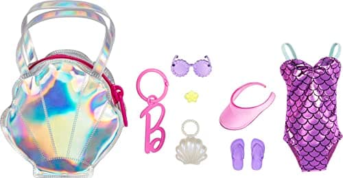 Image of Barbie Clothes Set, Beach-Themed with Swimsuit, 5 Acessories & Zippered Doll-Sized Shell-Shaped Bag with Clip-On Ring, Iridescent
