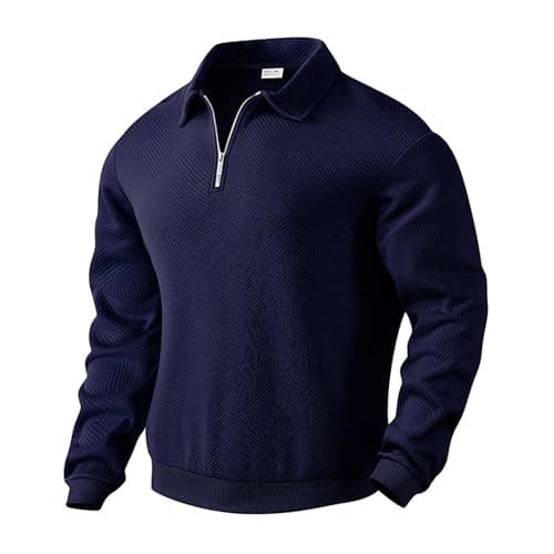 Image of MakingDa Collared Sweatshirt Men Long Sleeve Casual Smart Quarter Zip Polo Neck Jumpers Retro Jacquard Knitted Tops Regular Fit Winter Pullover Knitwear-Dark Blue-S
